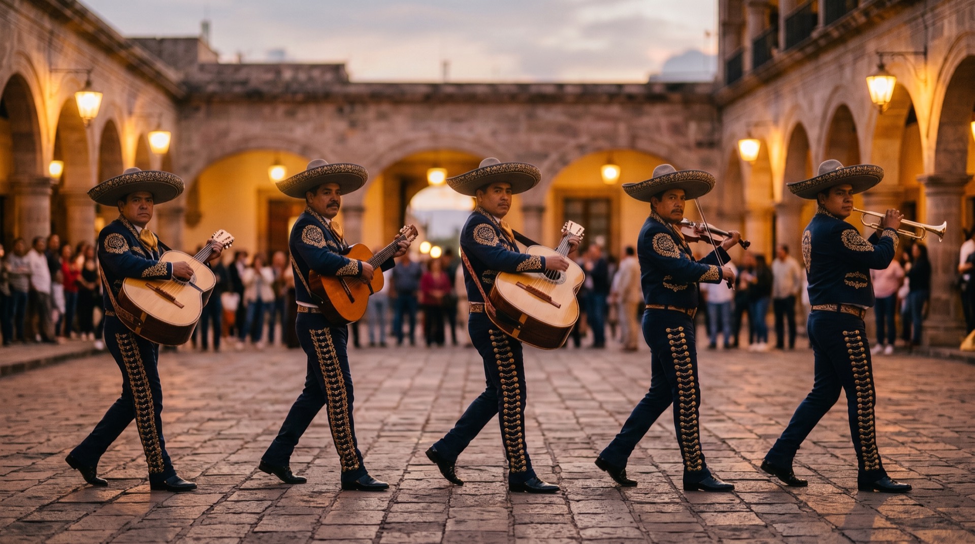 Los cinco músicos de Mariachi Vasos de Honra tocando en una plaza